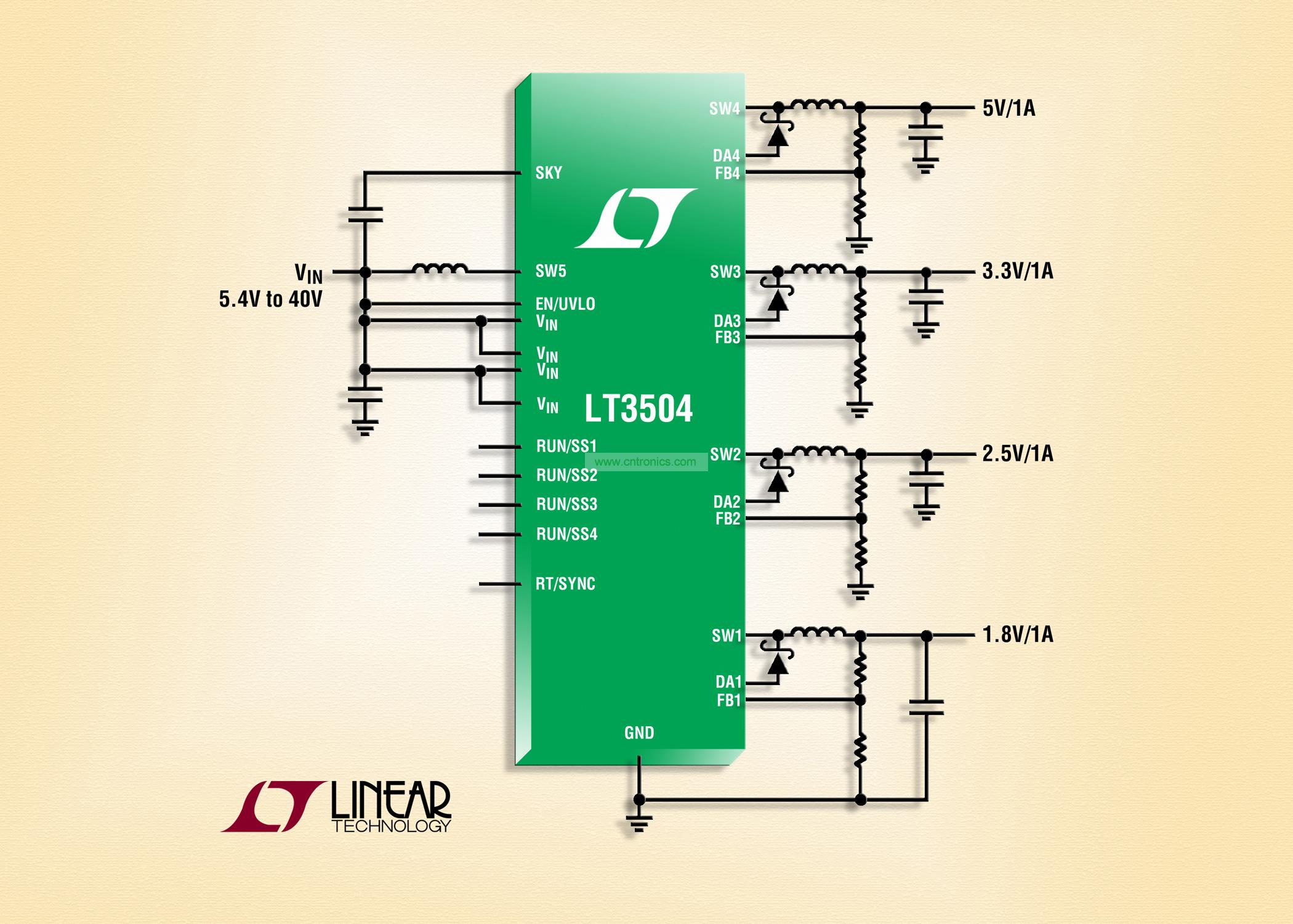 40V、4 通道 1A (IOUT)、2.2MHz 降壓型 DC/DC 轉(zhuǎn)換器