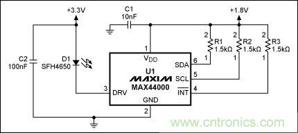 圖2：MAX44000典型電路，帶有發(fā)射器旁路