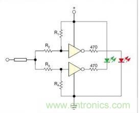 在雙門構(gòu)成的CMOS/TTL兼容探頭中，R1至R4電阻網(wǎng)絡(luò)對(duì)反相器輸入端做偏置