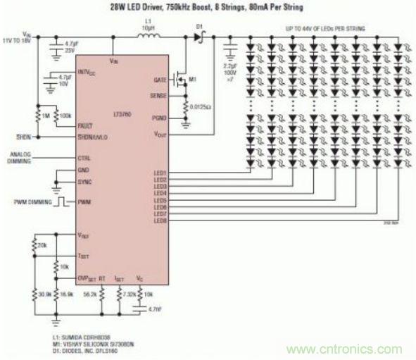 采用 LT3760、效率為 90% 的 28W LED 背光照明電路