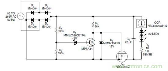 圖1：電路以恒流驅(qū)動一串LED，可用于全世界的各種交流電壓
