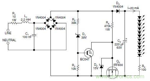 圖2：斬波工作類似圖1中的電路，但以較大的LED串聯(lián)電阻代替了恒流源，提供限流功能
