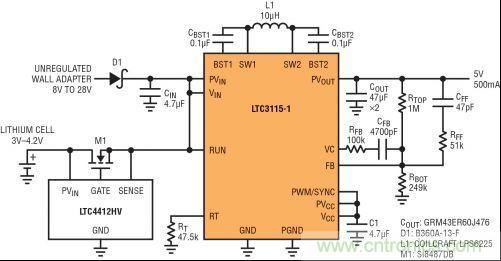 圖7：LTC3115-1與LTC4412HV相結(jié)合，以獲得由單節(jié)鋰離子電池和未穩(wěn)壓交流適配器提供的雙輸入5V電源