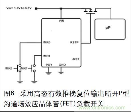 圖6 采用高態(tài)有效推挽復位輸出斷開P型溝道場效應晶體管(FET)負載開關(guān)