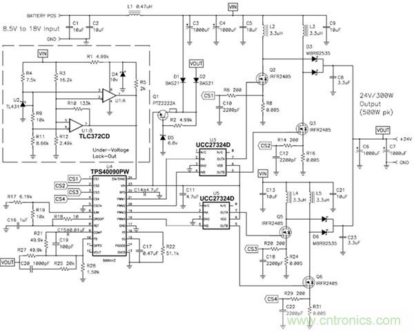 TPS40090 多相降壓控制器的 4 相、300W 升壓電源