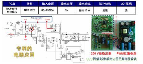 基于NCP1075開關(guān)穩(wěn)壓器和200 V預(yù)穩(wěn)壓器的極寬電壓范圍15 W參考設(shè)計。