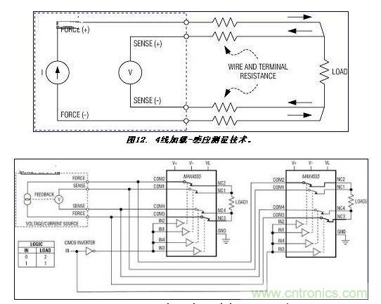 . 使用MAX4555將4線(xiàn)加載-感應(yīng)電路從一個(gè)源切換至兩個(gè)負(fù)載