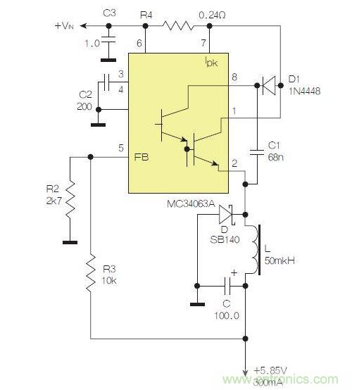 采用降壓配置中廣為使用的MC33063/MC34063的一個示例。
