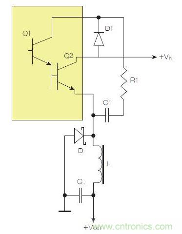 為了實現(xiàn)用兩個元器件提升電源轉(zhuǎn)換效率，芯片上應(yīng)有針對驅(qū)動器晶體管Q1集電極的單獨引腳。