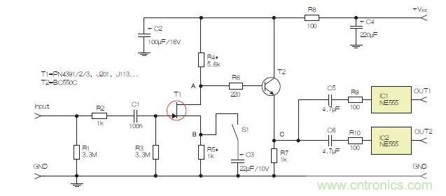 所示電路采用兩個工作在不同頻率下的555定時器，以獲取不同的音
