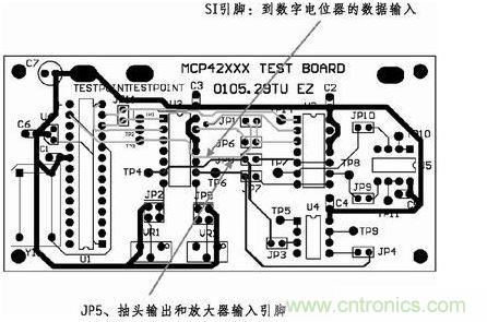 這是對(duì)圖2所示電路的第一次布線嘗試。此配置在模擬線路上產(chǎn)生不規(guī)律的噪聲，這是因?yàn)樵谔囟〝?shù)字走線上的數(shù)據(jù)輸入碼隨著數(shù)字電位器的編程需求而改變。