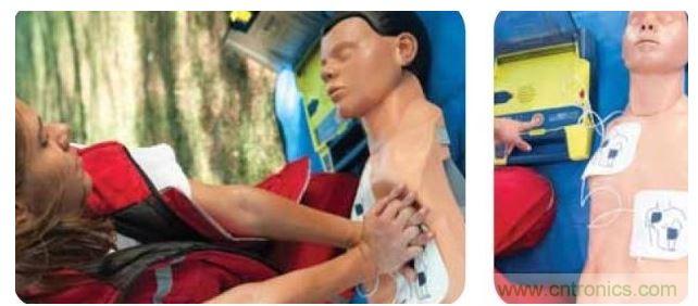 胸部按壓CPR(左圖)迫使血液循環(huán)，為大腦及其它生命器官供血，直到AED重啟心臟(右圖)。