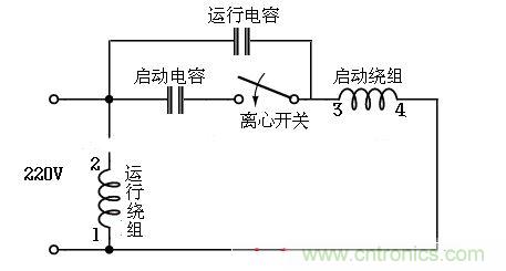 電容啟動運轉(zhuǎn)型接線電路(雙值電容器)