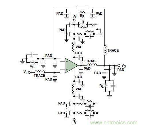 典型的運(yùn)算放大器電路，(a)原設(shè)計圖，(b)考慮寄生效應(yīng)后的圖