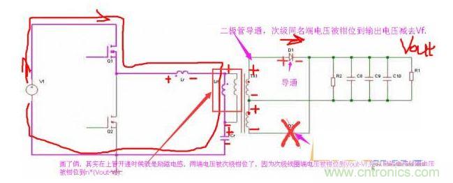 上管開通，注意諧振電感、勵磁電感、諧振電容的正負