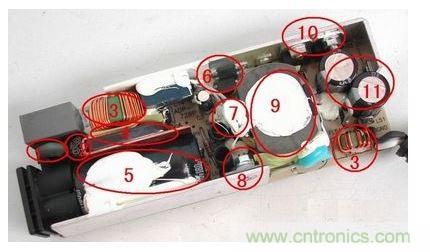 電源適配器的構(gòu)造  6 1. 壓敏電阻，其功能是當(dāng)外界電壓過(guò)高時(shí)，壓敏電阻阻值迅速變得很小，與壓敏電阻串聯(lián)的保險(xiǎn)絲被熔斷，從而保護(hù)其他電路不被燒壞。  2. 保險(xiǎn)絲，規(guī)格為2.5A/250V，當(dāng)電路中的電流過(guò)大時(shí)，保險(xiǎn)絲會(huì)熔斷以保護(hù)其他元件。  3. 電感線圈(又稱扼流圈)，主要功能是降低電磁干擾。  4. 整流橋，規(guī)格為D3SB，作用是把220V交流電變?yōu)橹绷麟姟? 5. 濾波電容，規(guī)格為180μF/400V，作用是濾除直流電中的交流紋波，使電路工作更可靠。  6. 運(yùn)放IC(集成電路)，保護(hù)電路、電壓調(diào)節(jié)的重要組成部分。  7. 溫度探頭，用于探測(cè)電源適配器的內(nèi)部溫度，當(dāng)溫度高于某一設(shè)定值時(shí)(不同品牌的電源適配器，其設(shè)定的溫度閥值略有不同)，保護(hù)電路會(huì)切斷適配器的電壓輸出，從而保護(hù)適配器不受損壞。   8. 大功率開關(guān)管，是開關(guān)電源中的核心元件之一，開關(guān)電源能“一開一關(guān)”地工作，開關(guān)管功不可沒(méi)。   9. 開關(guān)變壓器，開關(guān)電源中的核心元件之一。   10. 次級(jí)整流管，功能是把低壓交流電變?yōu)榈蛪褐绷麟?。在IBM的電源適配器中，整流管往往是由兩個(gè)大功率并聯(lián)工作的，以獲得較大的電流輸出。   11. 次級(jí)濾波電容，規(guī)格為820μF/ 25V，共有兩個(gè)，起濾除低壓直流電中的紋波的作用。  除上述元件外，電路板上還有可調(diào)電位器及其他阻容元件。