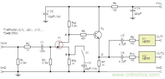 圖3：采用兩個工作在不同頻率下的555定時器電路，以獲取不同的音效。