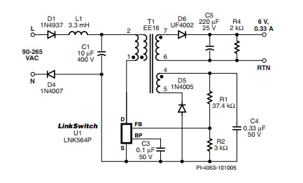 LinkSwitch-LP 系列旨在取代手機/無繩電話、PDA、數(shù)碼相機和便攜式音頻播放器等應用中輸出功率 < 2.5 W 的低效線頻線性變壓器電源。LinkSwitch-LP 還可用作白色家電等應用中的輔助電源。  LinkSwitch-LP 將高壓功率 MOSFET 開關與 ON/OFF 控制器集成在一個設備中。它完全由漏極引腳自供電，具有低 EMI 的抖動開關頻率，并且具有全面的故障保護。自動重啟可限制過載和輸出短路條件下的器件和電路耗散，而遲滯過溫保護會在熱故障期間禁用內(nèi)部 MOSFET。EcoSmart 技術使設計能夠輕松實現(xiàn) < 150 mW 的空載功耗，滿足能源效率要求。  LinkSwitch-LP 的設計目的是在輸出功率低于 2.5 W 時無需初級側(cè)鉗位電路，從而顯著減少組件數(shù)量和總系統(tǒng)成本。圖 1 顯示了基于 LinkSwitch-LP 的 2 W 電源，不帶初級側(cè)鉗位。LinkSwitch-LP 系列經(jīng)過優(yōu)化，當變壓器上的輔助或偏置繞組提供反饋時，可提供近似的 CV/CC 輸出特性。這非常適合取代工頻變壓器的應用，提供兼容的輸出特性，但過載、短路電流和輸入線電壓變化較小。  　  在無鉗位設計中使用 LinkSwitch-LP 的基本電路原理圖。  快速開始  　 LinkSwitch-LP 反激式設計流程圖